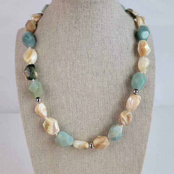 Natural Stone Multigem Beaded Necklace 20 inch Blue Green Beige Silver-Tone - Picture 1 of 14